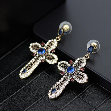 Vintage Cross Long Dangle Earrings - Antique Gold Colour Resin Crystal Multicolor Religious Jewellery - The Jewellery Supermarket